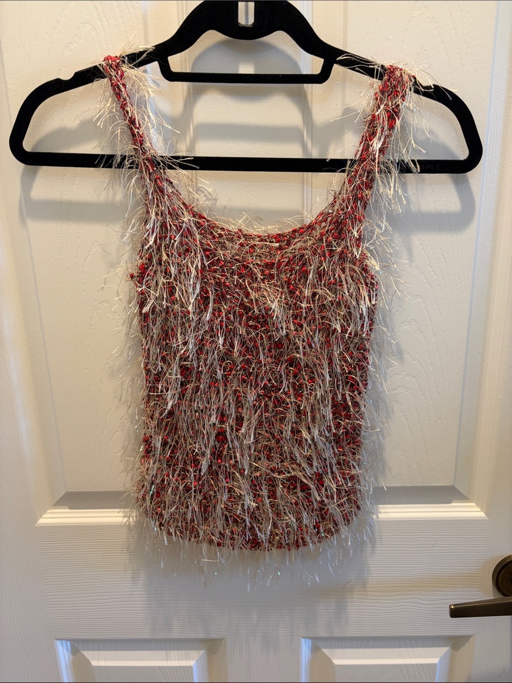 Fuzzy Metallic Eyelash Knit Tank Top - Red/Silver